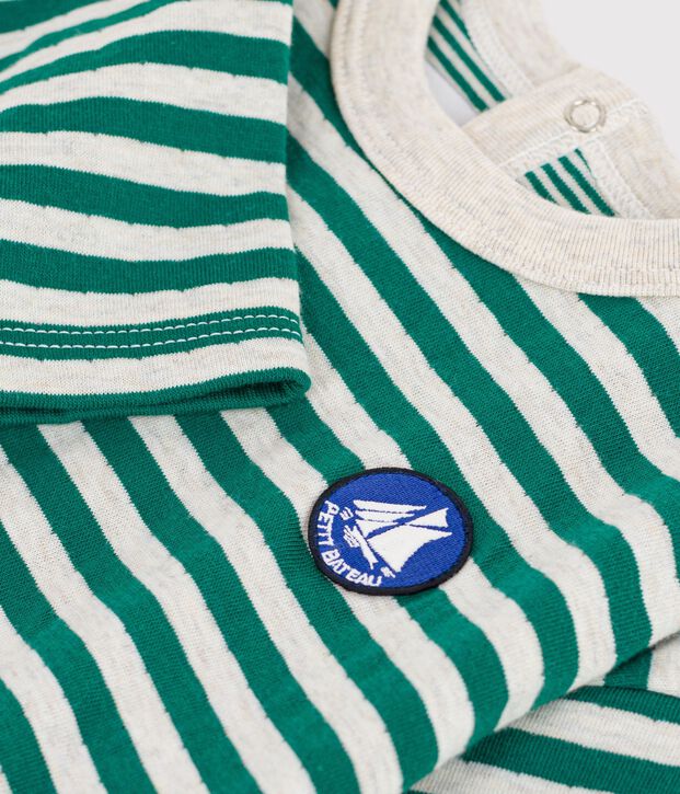 Babies' long-sleeved stripy cotton T-shirt. green/beige
