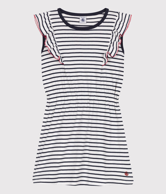 Children's sleeveless stripy cotton dress MARSHMALLOW white/SMOKING blue