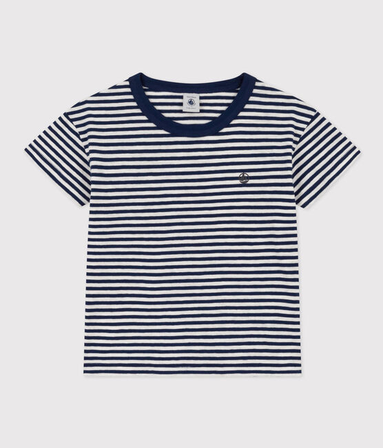 Boys' Striped Cotton T-Shirt MEDIEVAL blue/MARSHMALLOW white