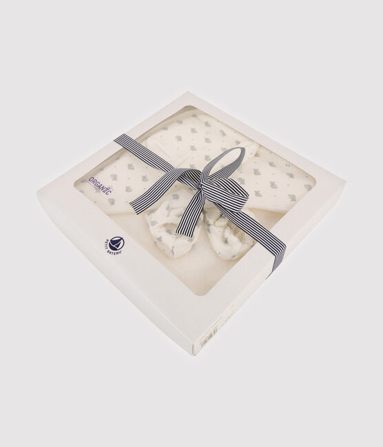 Babies' Square Bath Towel and Bootees Set in Terry and Organic Cotton MARSHMALLOW white/GRIS grey/MULTICO