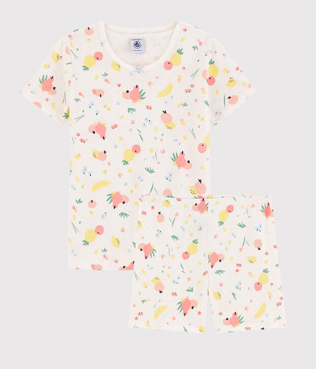 Girls' Snugfit Summer Fruit Pattern Organic Cotton Short Pyjamas white/multicolor