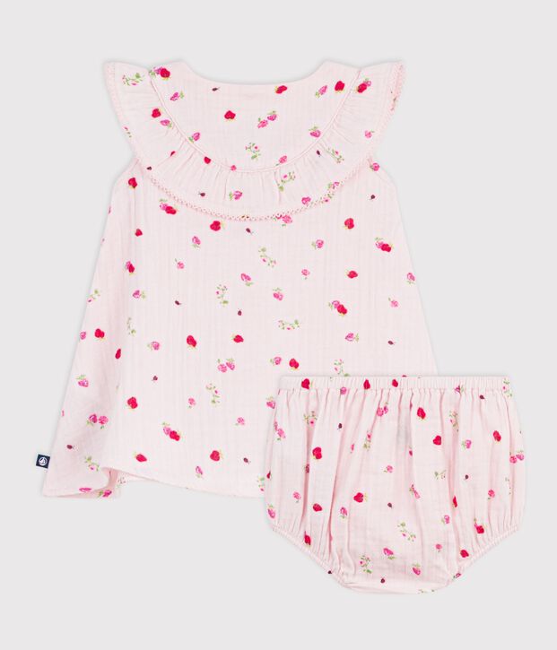 Babies' cotton baby dress with bloomers, printed with flowers pink/multicolor