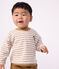 Babies' long-sleeved stripy cotton T-shirt. beige/ecru
