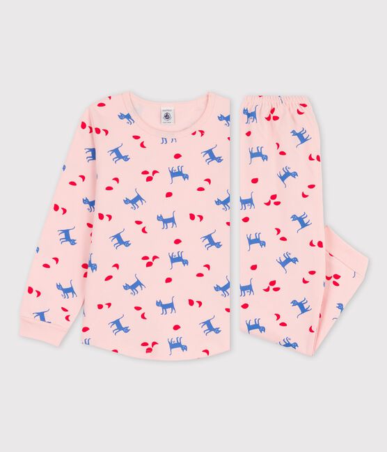 Girls' Cat Print Cotton Pyjamas MINOIS pink/MULTICO white