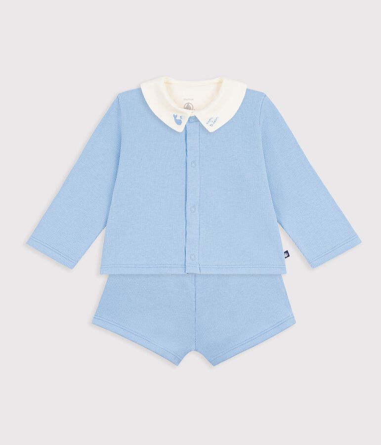 Babies' three-piece set in cotton with embroidery on the collar blue