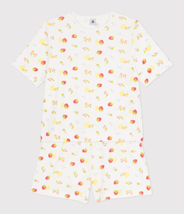 Women's short-sleeved pyjamas in fruit print cotton white/multicolor