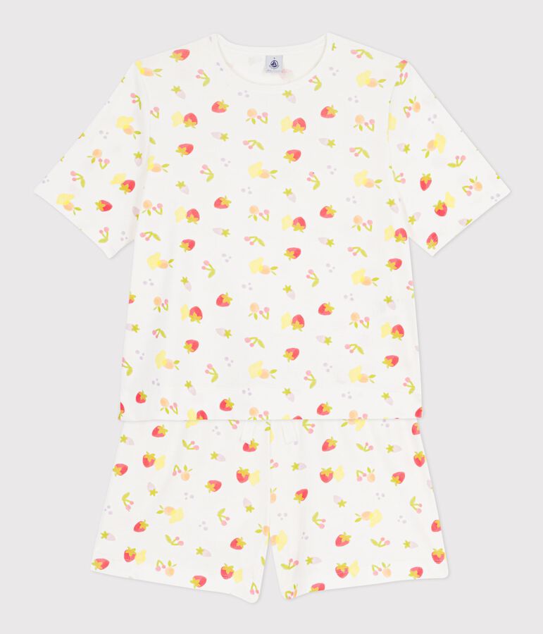 Women's short-sleeved pyjamas in fruit print cotton white/multicolor