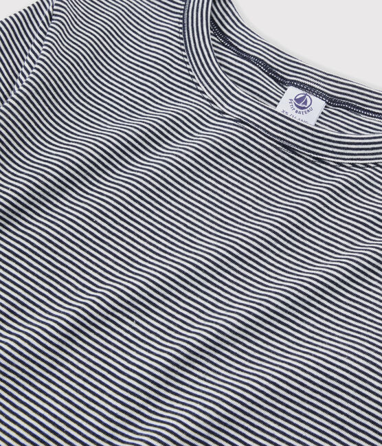 Women's Iconic Round-Neck Striped Cotton T-Shirt SMOKING blue/MARSHMALLOW white
