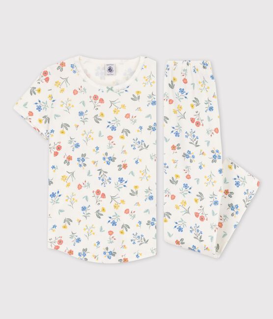 Girls' Short-Sleeved Floral Cotton Pyjamas MARSHMALLOW white/MULTICO white