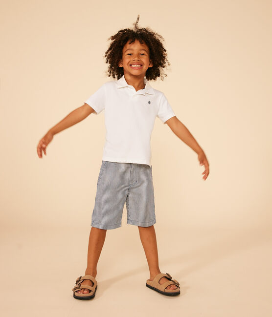 Boys' Stripy Cotton Bermuda Shorts MEDIEVAL blue/MARSHMALLOW white