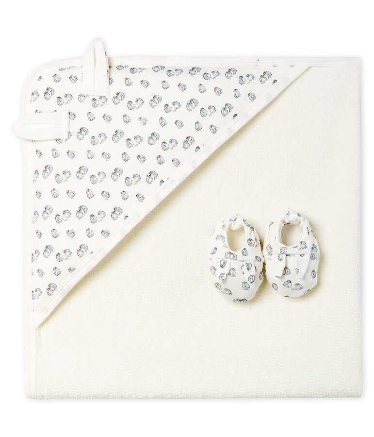 Unisex Babies' Square Bath Towel and Bootees in Terry and Rib Knit white/grey/multicolor