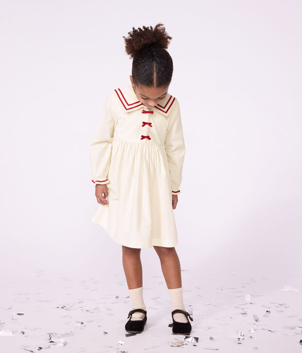 Children's long-sleeved dress in plain corduroy MILK