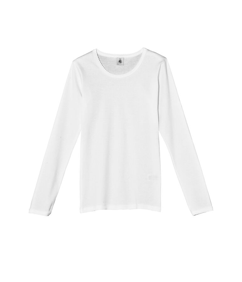 Plain girl's long sleeve T-shirt with cocotte stitch finish white