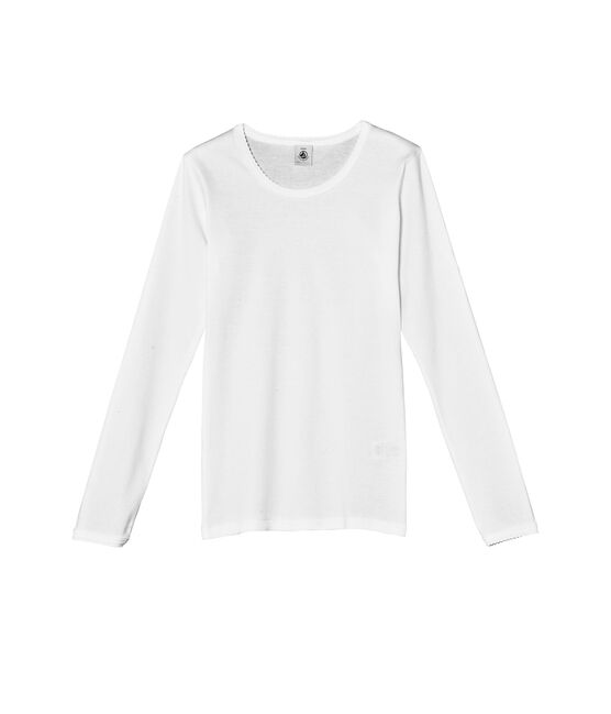 Plain girl's long sleeve T-shirt with cocotte stitch finish ECUME white