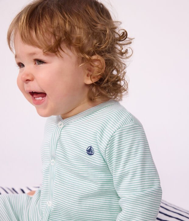 Babies' pinstriped cotton pyjama suit green/white