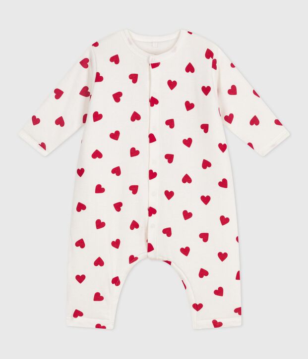 Babies' padded heart-print cotton playsuit. white/red
