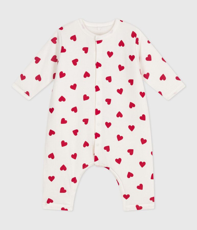 Babies' padded heart-print cotton playsuit. MARSHMALLOW white/TERKUIT red