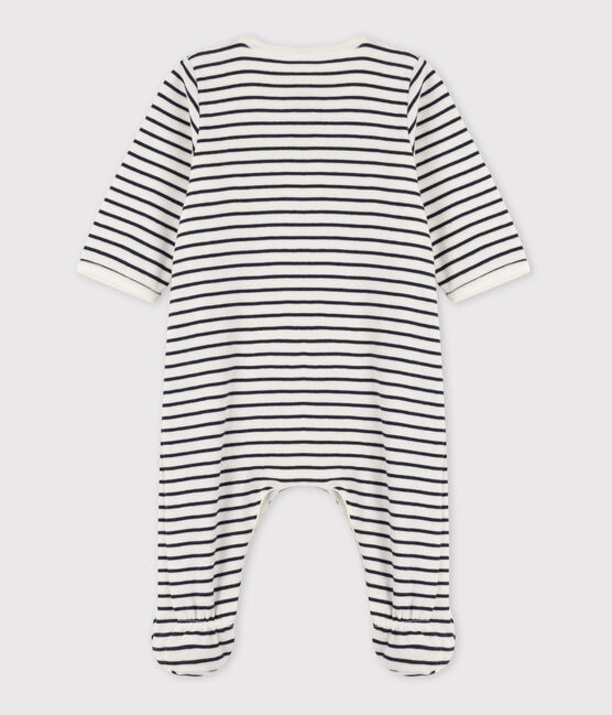 Babies' Stripy Cotton Bodyjama MARSHMALLOW white/SMOKING blue