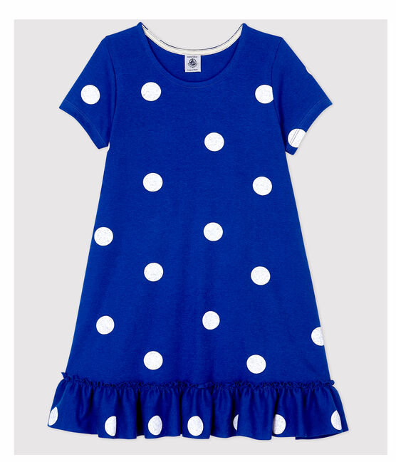 Girls' Short-Sleeved Cotton and Linen Dress SURF blue/MARSHMALLOW white