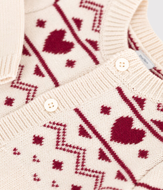 Babies' heart-pattern wool and cotton knit cardigan AVALANCHE Ecru/AMARANTE