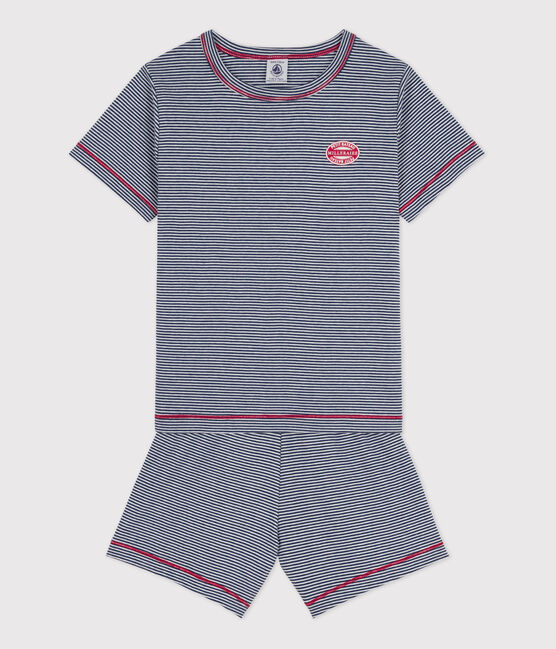 Boys' Pinstriped Short Cotton Pyjamas MEDIEVAL blue/MARSHMALLOW white