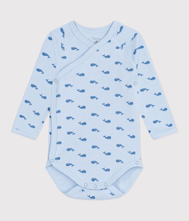 Babies' long-sleeved wrapover cotton bodysuit blue/blue