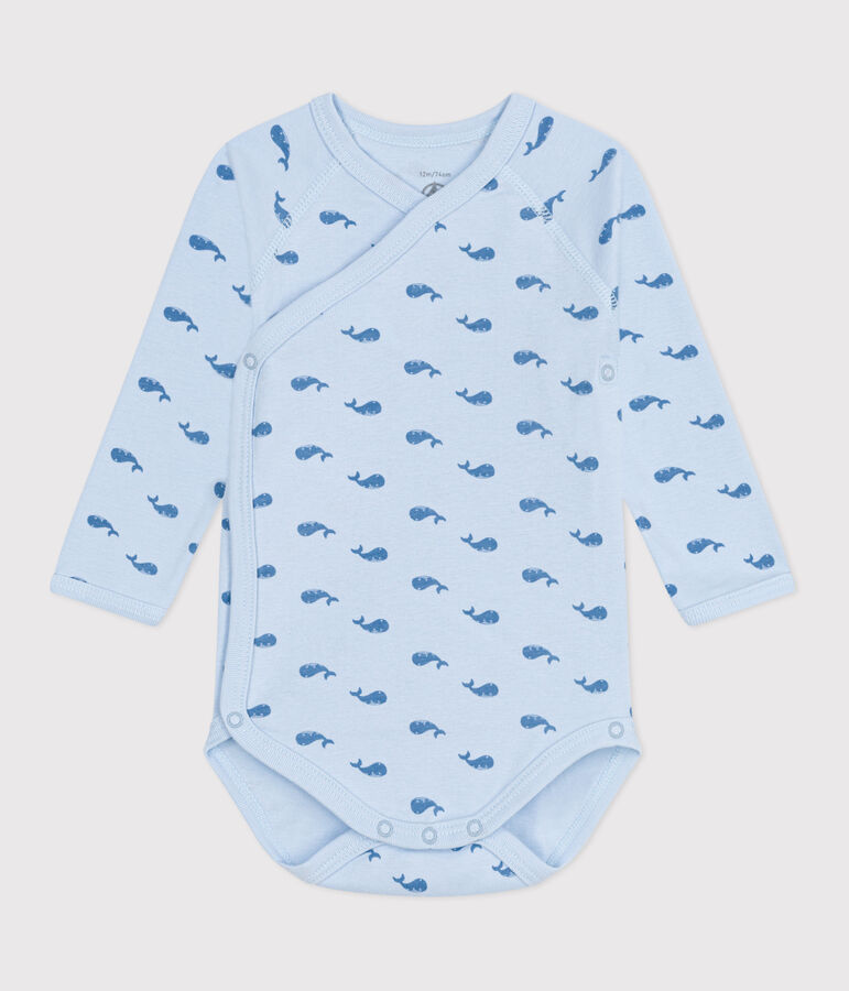 Babies' long-sleeved wrapover cotton bodysuit blue/blue