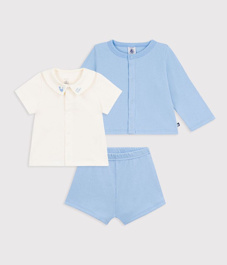 Babies' three-piece set in cotton with embroidery on the collar blue