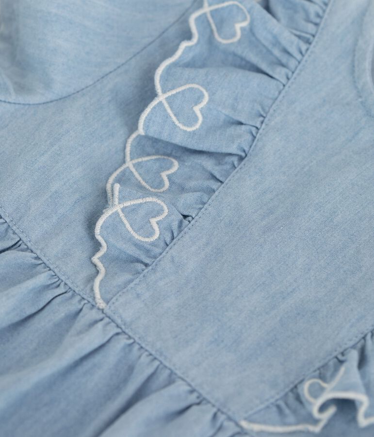 Babies' short-sleeved cotton dress in chambray, embroidered with hearts blue