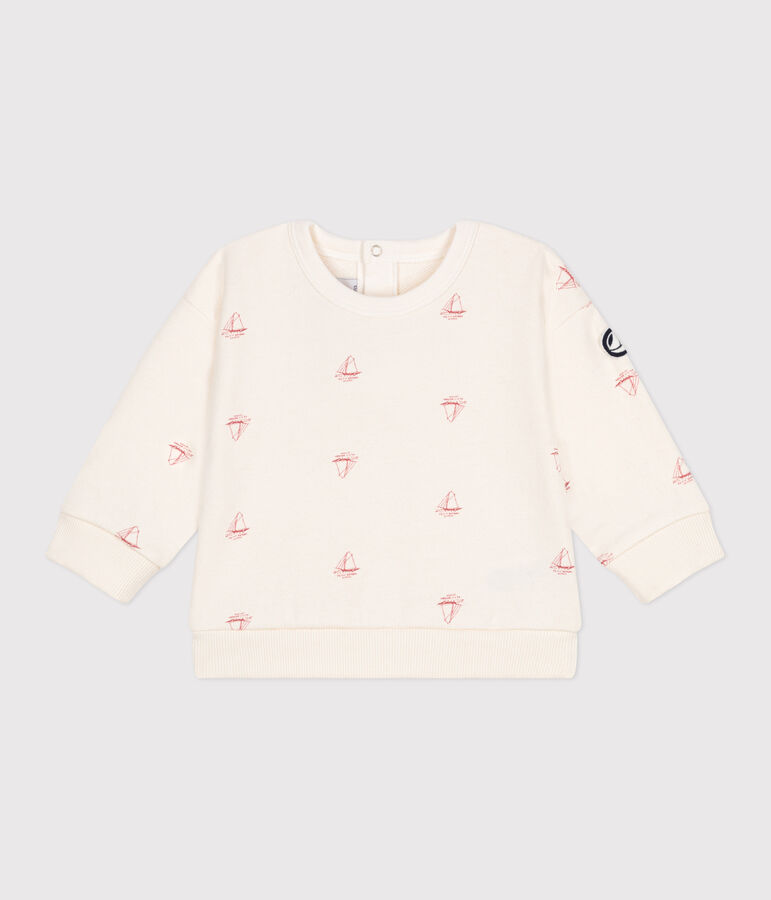Babies' vintage boat printed cotton sweatshirt Ecru/red