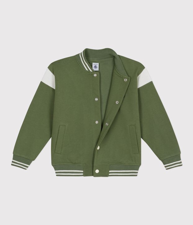 Children's varsity-style cotton jacket green/ecru