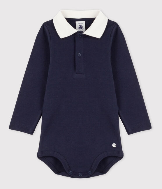 Babies' Long-Sleeved Cotton Bodysuit With Polo Shirt Collar SMOKING blue