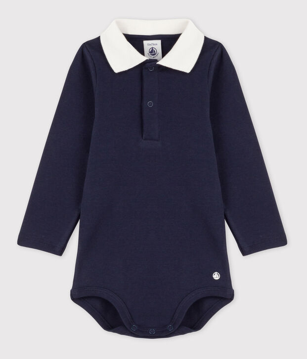 Babies' plain cotton body with a polo collar blue