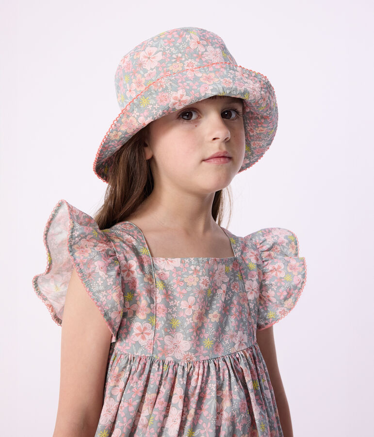 Children's floppy sun hat in floral-print poplin blue/multicolor