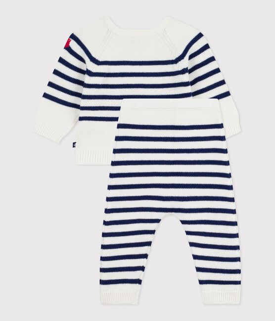 Babies' 2-piece stripy knit Breton top outfit MARSHMALLOW blue/SOIR