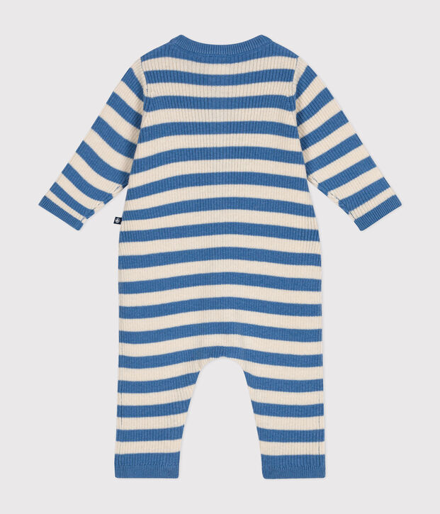 Babies' stripy wool and cotton knit jumpsuit blue/ecru