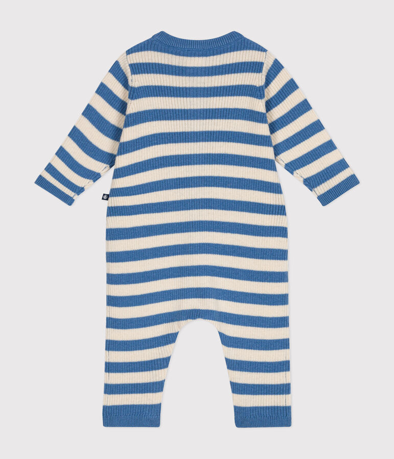 Babies' stripy wool and cotton knit jumpsuit blue/ecru