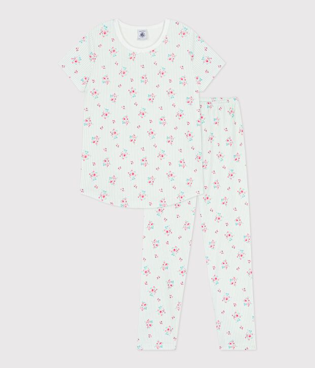 Children's short-sleeved long-leg flower-patterned cotton pyjamas white/multicolor