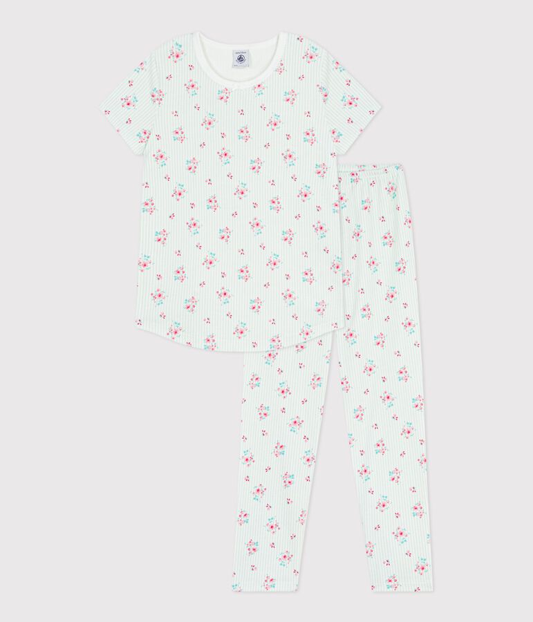 Children's short-sleeved long-leg flower-patterned cotton pyjamas white/multicolor