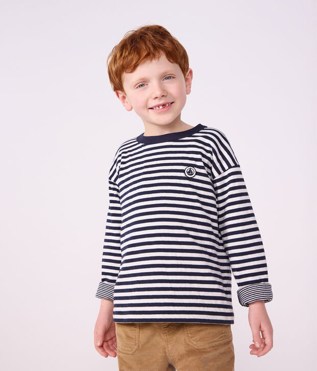 Children's long-sleeved stripy T-shirt blue/white/blue