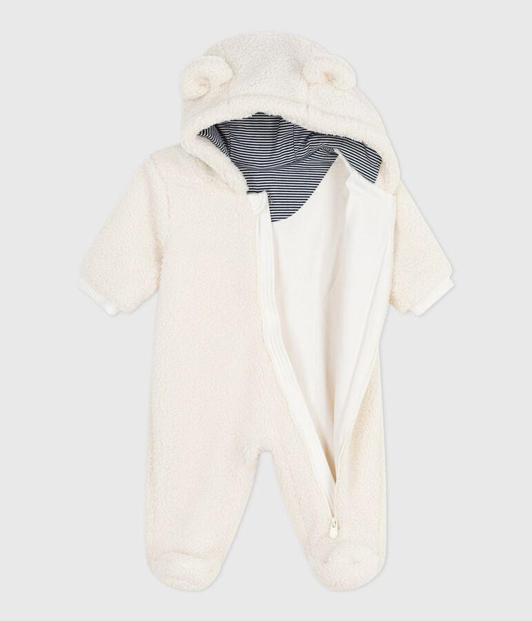 Babies' sherpa snowsuit with ears and a pinstriped lining Ecru