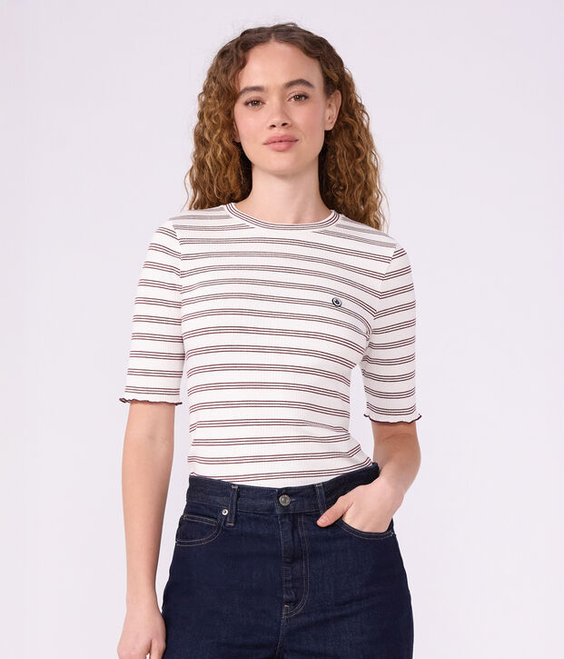 Women's short-sleeved stripy cotton T-shirt white/red