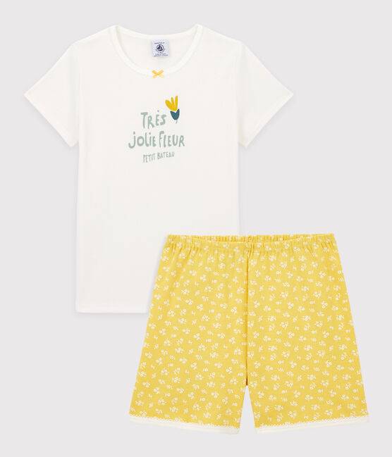 Girls' Floral Cotton Short Pyjamas MARSHMALLOW white/ORGE