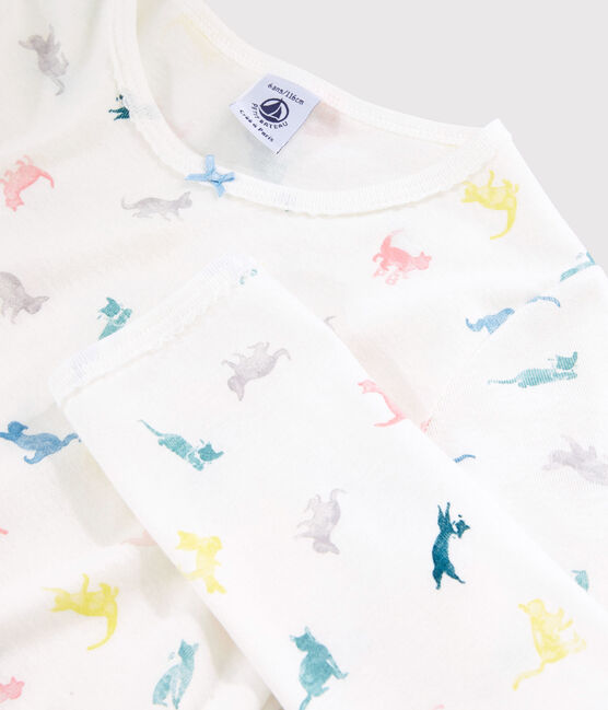 Girls' Cat Print Cotton Pyjamas MARSHMALLOW white/MULTICO white