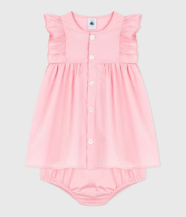 Plain cotton baby dress and bloomers pink