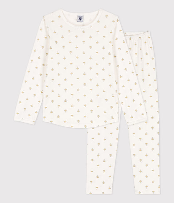 Little girls' cotton palm print pyjamas MARSHMALLOW white/MULTICO white