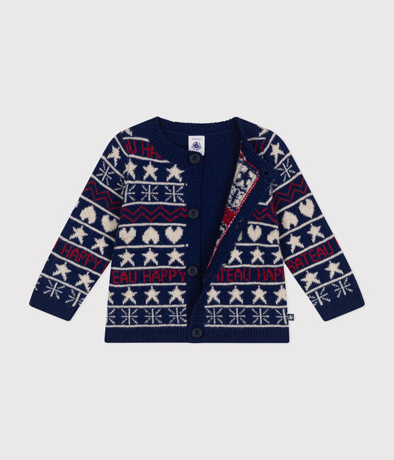 Babies' knitted cardigan with a wool content MEDIEVAL blue/MULTICO white