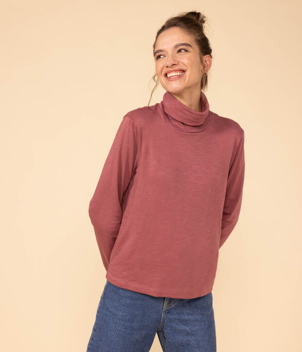 Women's Straight Roll-Neck Cotton T-Shirt brown