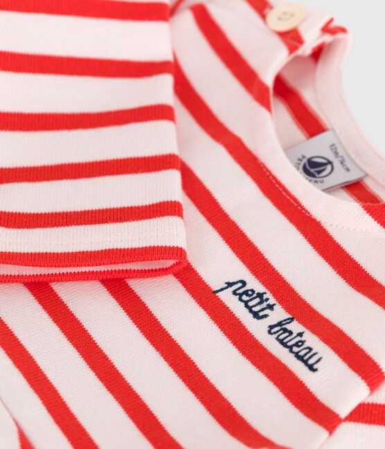 Babies' Breton stripe dress in thick cotton with long sleeves FLEUR pink/SPICY