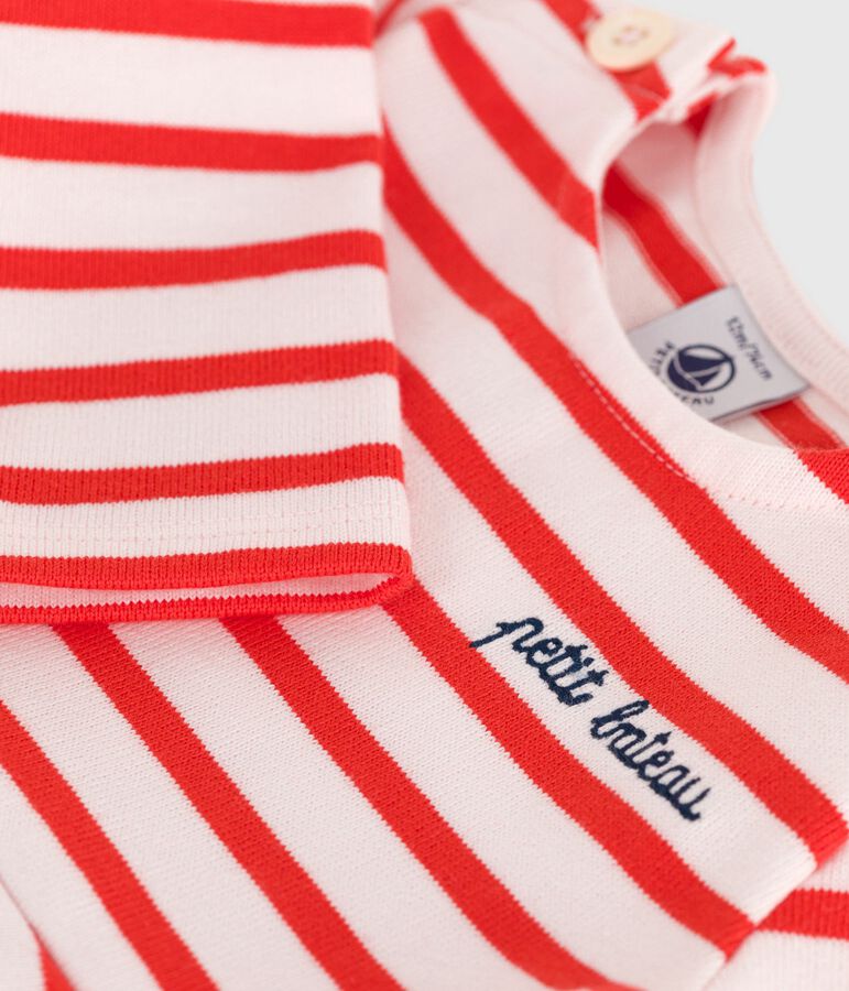 Babies' Breton stripe dress in thick cotton with long sleeves pink/red
